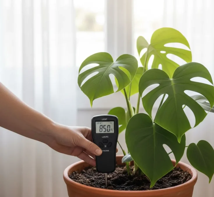 Uma mão inserindo um medidor de luminosidade no solo de um vaso com uma Costela-de-adão (Monstera Deliciosa), mostrando o display com a leitura da intensidade de luz.
