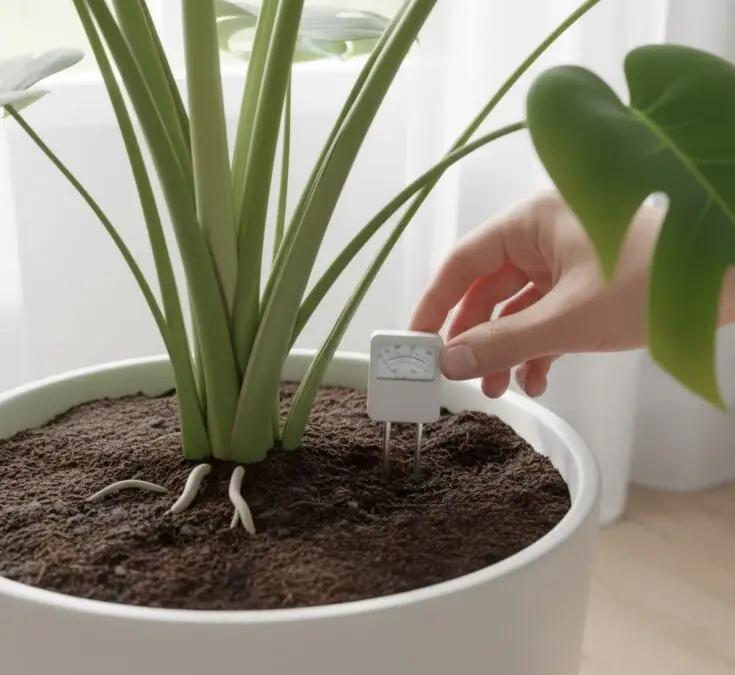 Uma mão inserindo um medidor de umidade no solo de um vaso de Costela-de-adão, ilustrando a forma correta de verificar a necessidade de rega.
