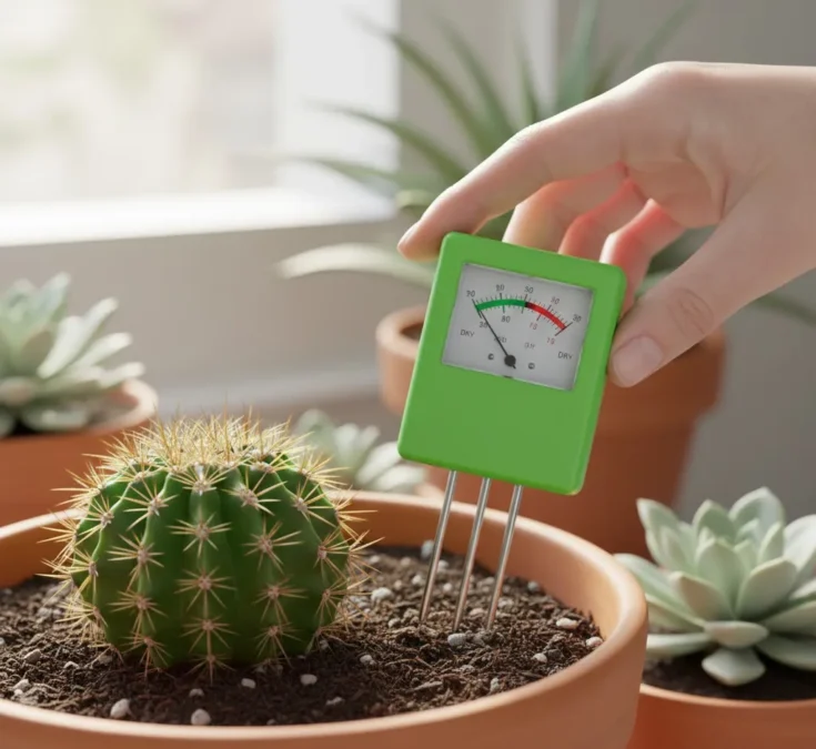 Uma pessoa inserindo um medidor de umidade de solo 3 em 1 em um vaso de cacto. O cacto parece saudável e o medidor mostra o nível de umidade, destacando a importância de uma rega precisa.
