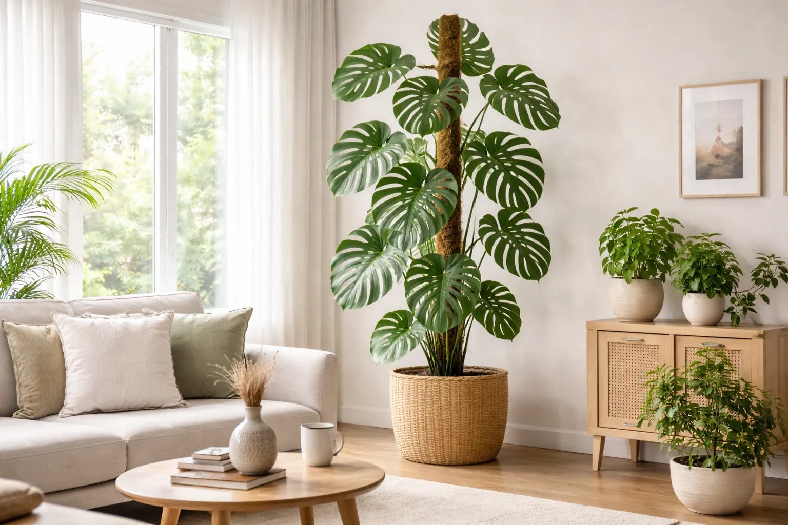 Costela-de-adão cresce muito: costela de adão alta crescendo em vaso grande com tutor de musgo dentro de casa