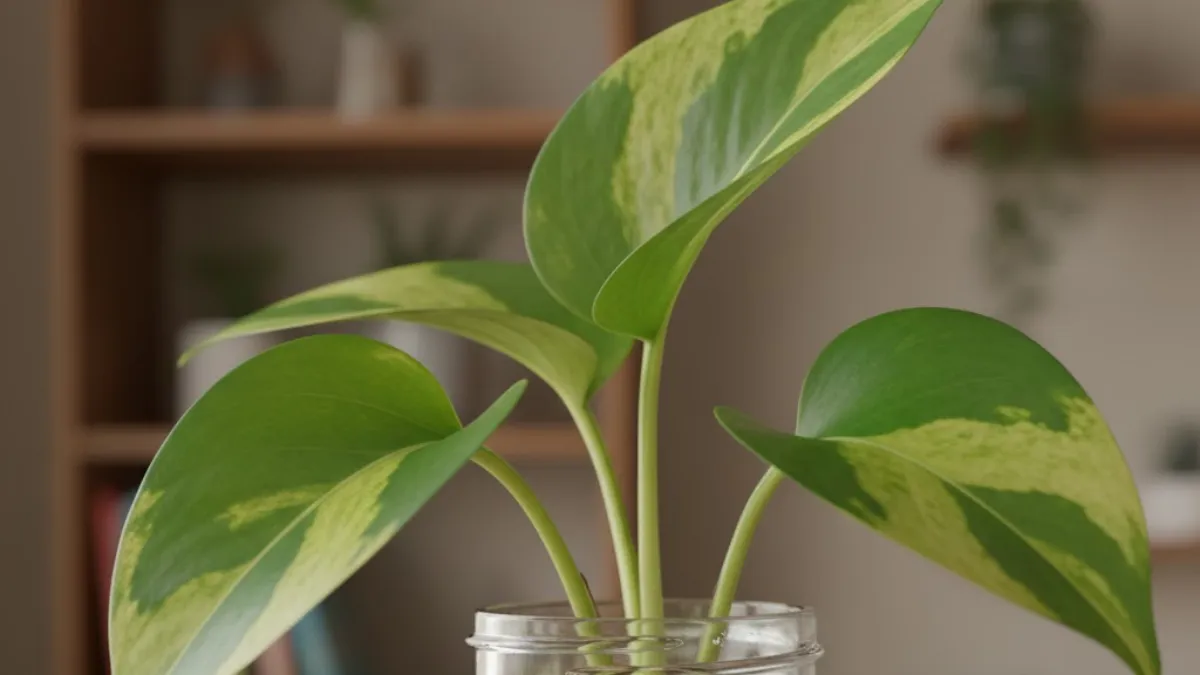 Propagação da jiboia com raiz crescendo em recipiente com água