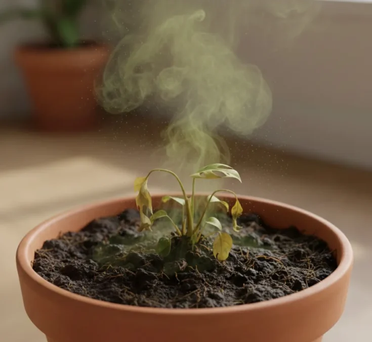 Close-up de um vaso de planta com terra escura e úmida, liberando uma fumaça ou vapor de mau cheiro, simbolizando o odor de podridão.