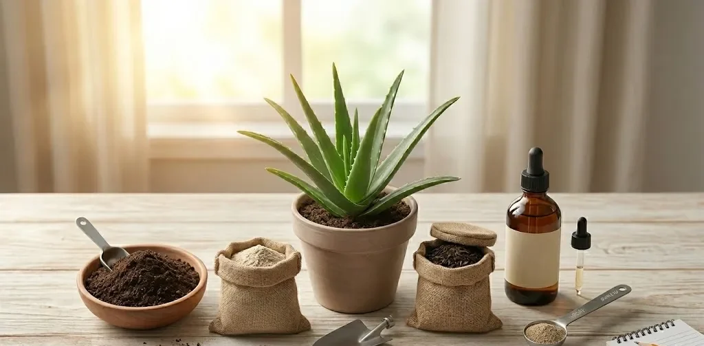 Uma mesa de madeira clara com uma planta de babosa ao centro. Ao redor dela, estão dispostos diferentes tipos de fertilizantes: uma tigela com húmus de minhoca, sacos de juta com farinha de ossos e composto orgânico, e um frasco de fertilizante líquido com conta-gotas. Há também uma pequena pá de jardinagem e um bloco de notas ao lado.