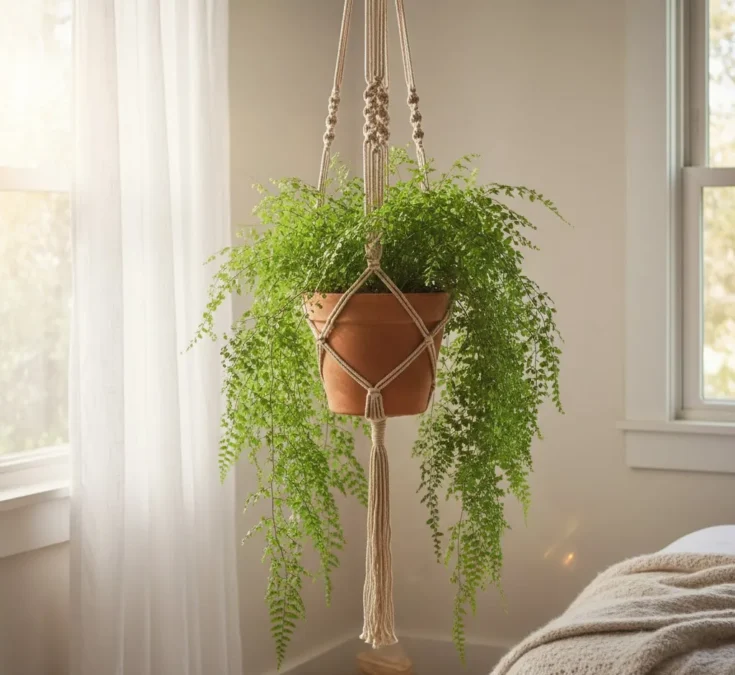 Samambaia pendurada em um suporte de macramê, recebendo luz indireta em um canto de quarto, ilustrando o uso prático de suportes.