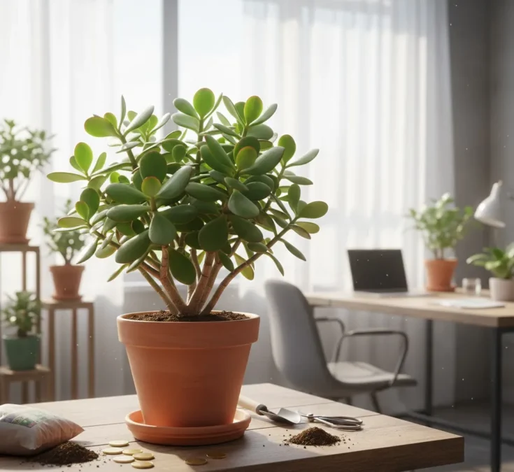 Planta jade saudável em vaso de terracota sobre mesa de madeira em um escritório moderno com janelas grandes e luz natural, ao lado de moedas e ferramentas de jardinagem.