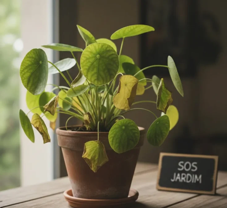 Uma planta de interior com folhas amareladas e murchas, em um vaso de cerâmica sobre uma mesa de madeira clara, com luz natural ao fundo, destacando a clorose.