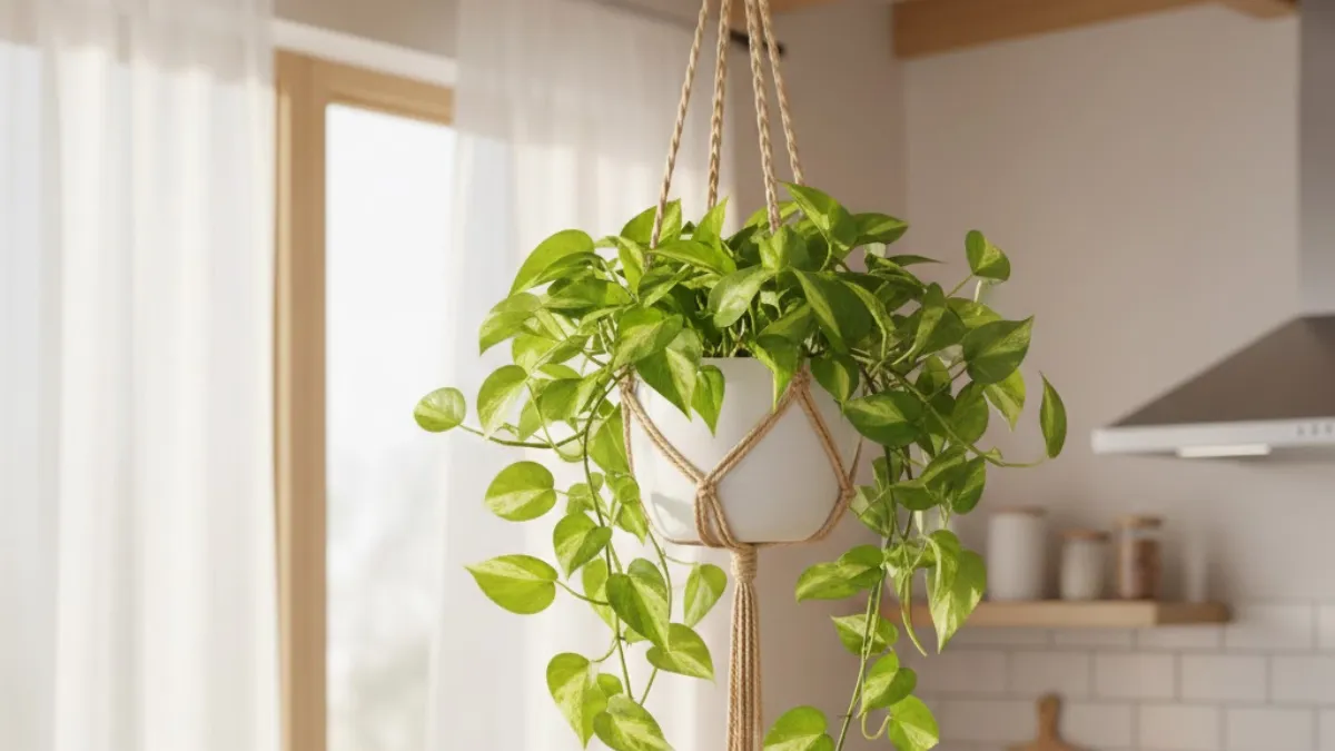 Jiboia verde em vaso suspenso decorando sala iluminada