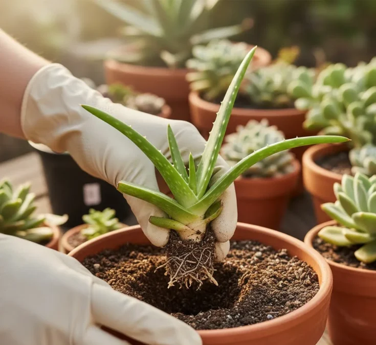 Uma pessoa plantando uma muda de babosa em um vaso, com as raízes visíveis e a base do caule próxima à superfície do solo.
