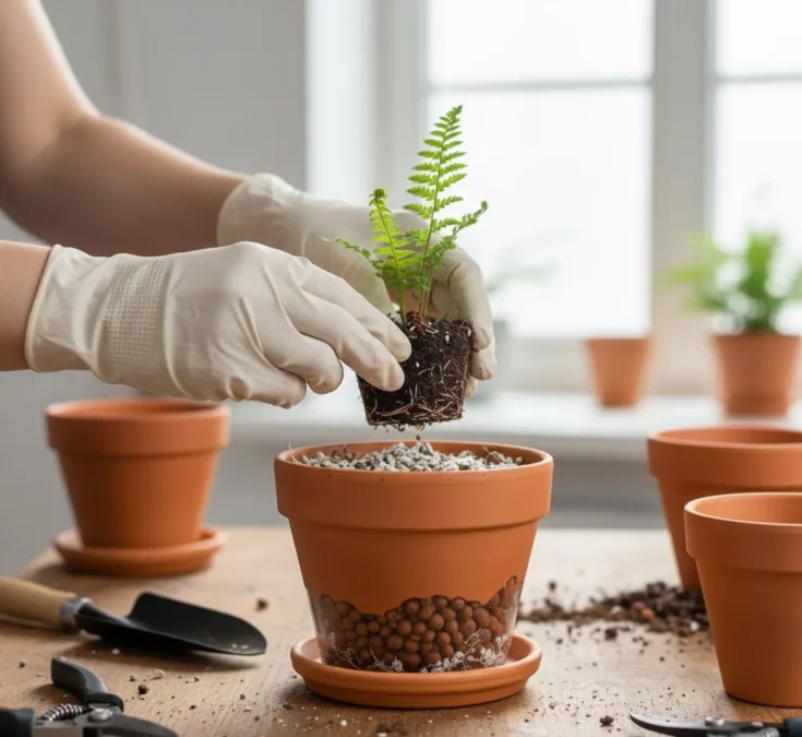 Uma muda de samambaia recém-dividida sendo plantada em um vaso de cerâmica com furos de drenagem e uma camada de argila expandida no fundo.