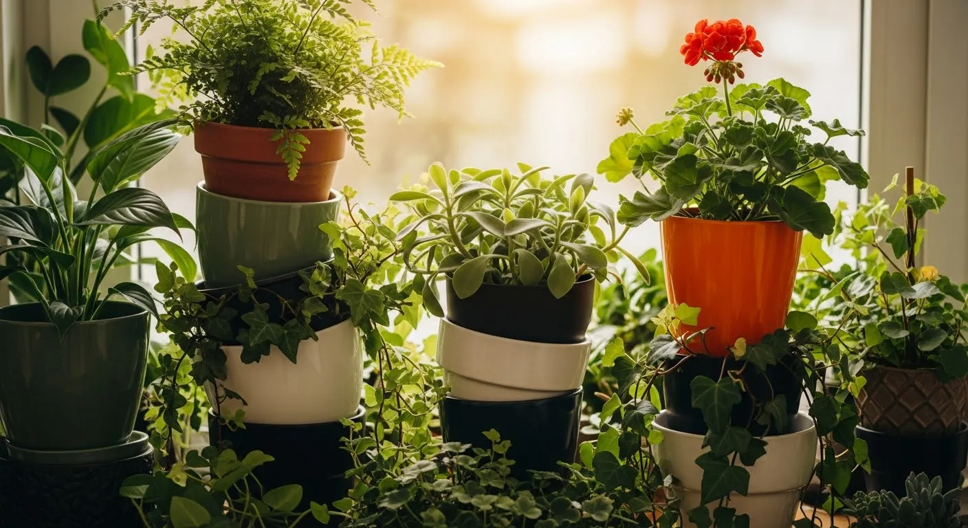 Plantas que purificam o ar e melhoram sua memória: Vários vasos com plantas ornamentais próximos à janela iluminada, criando ambiente interno mais saudável e agradável.