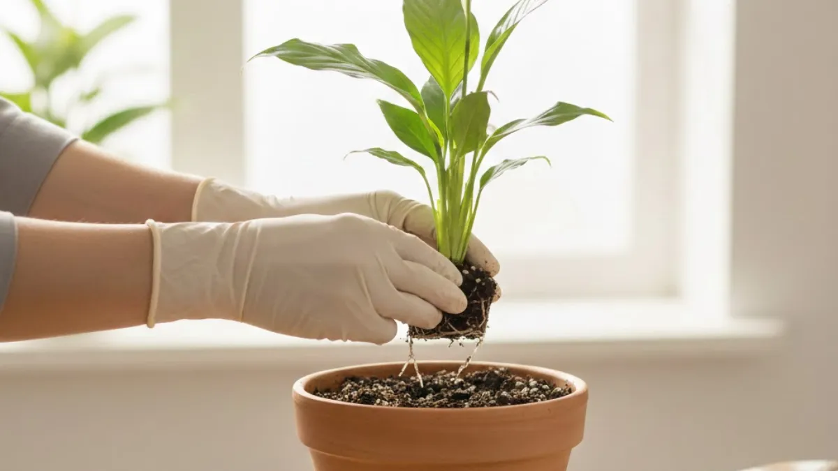 Muda de Lírio-da-paz sendo plantada em vaso com substrato drenável