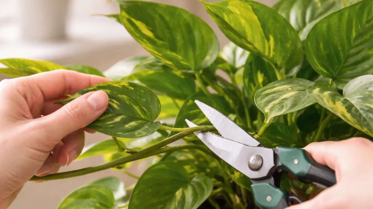 Mãos podando ramos de jiboia com tesoura de jardinagem