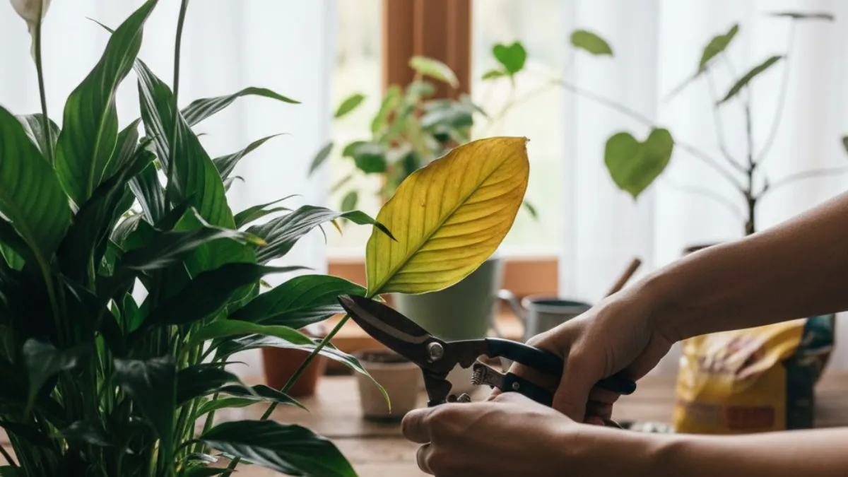 Tesoura cortando folha amarelada de Lírio-da-paz