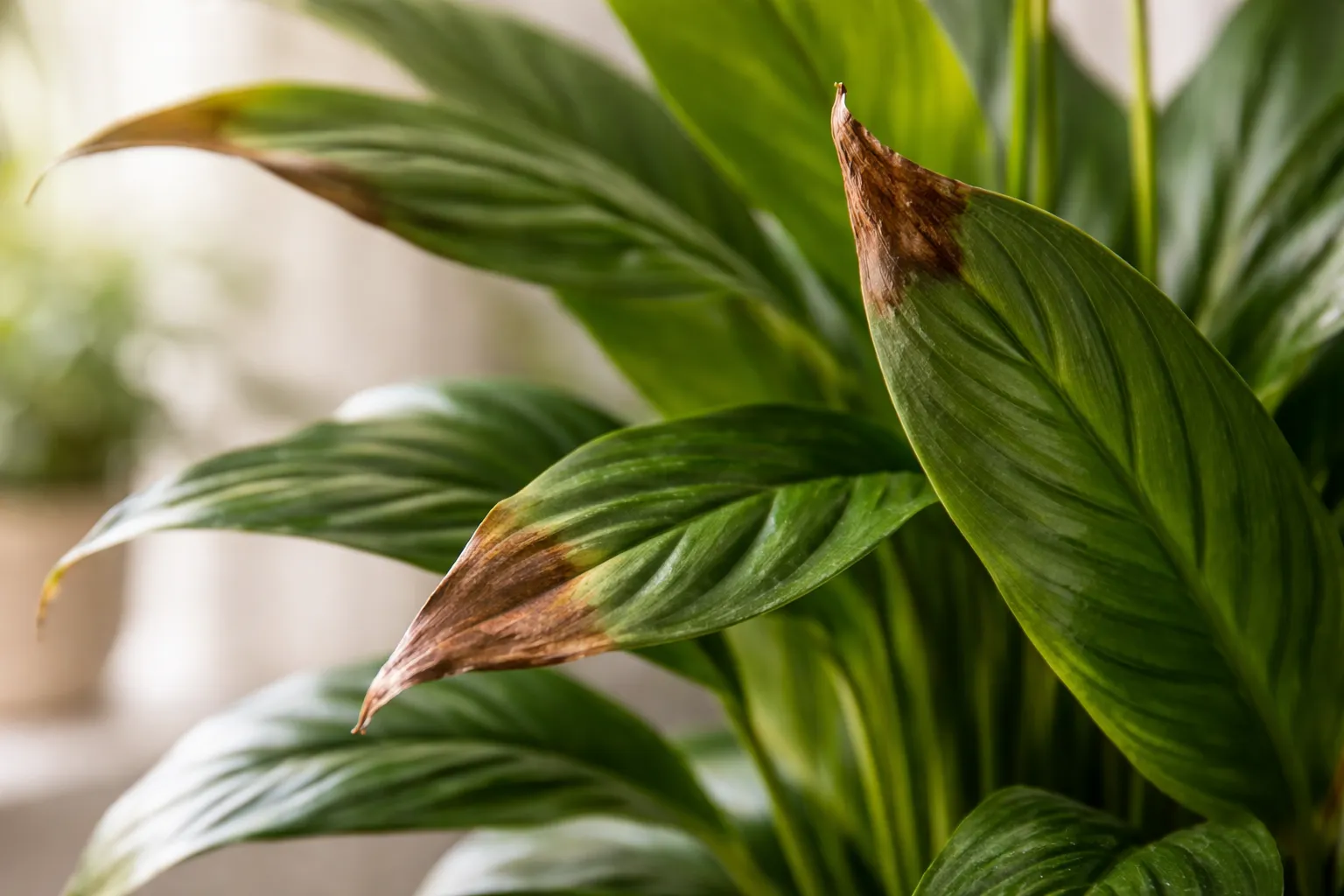 Folha de lírio-da-paz com pontas secas e marrons