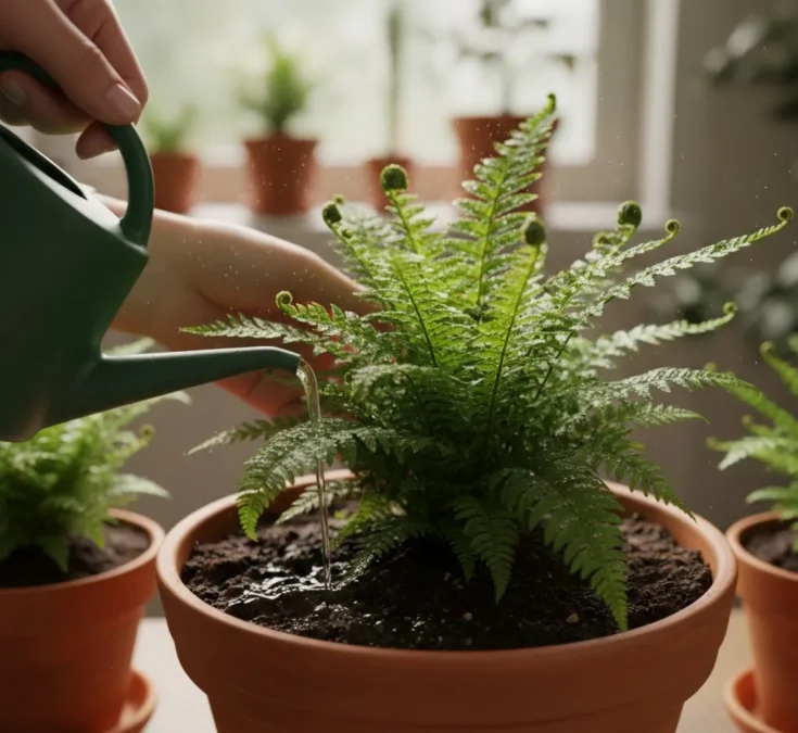 Uma samambaia saudável e cheia sendo regada em um vaso, com o solo úmido, pronta para ser retirada do recipiente para a divisão de rizomas.