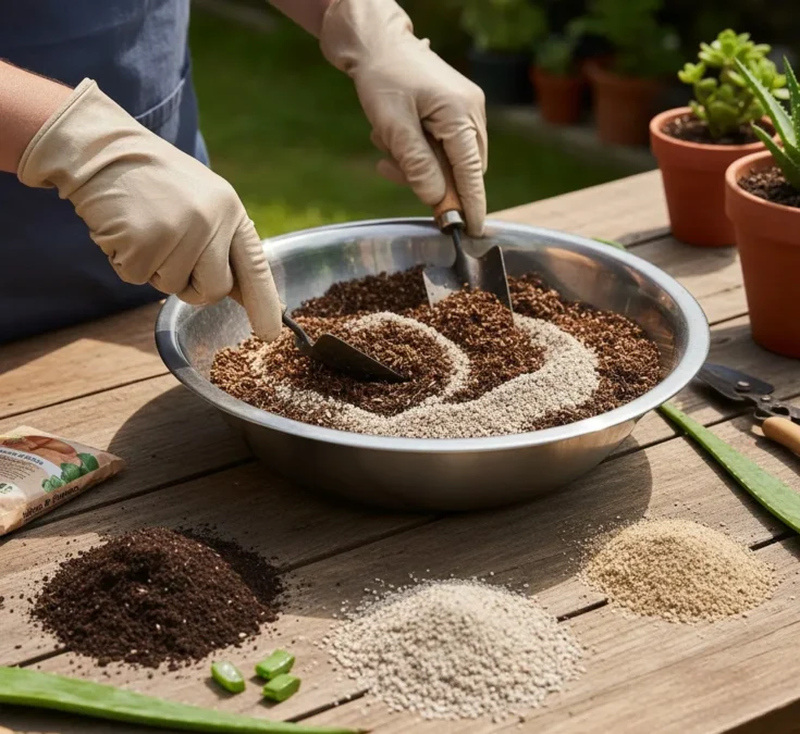 Imagem de diferentes componentes do substrato para babosa, como terra vegetal, areia grossa e húmus de minhoca, misturados em um recipiente.