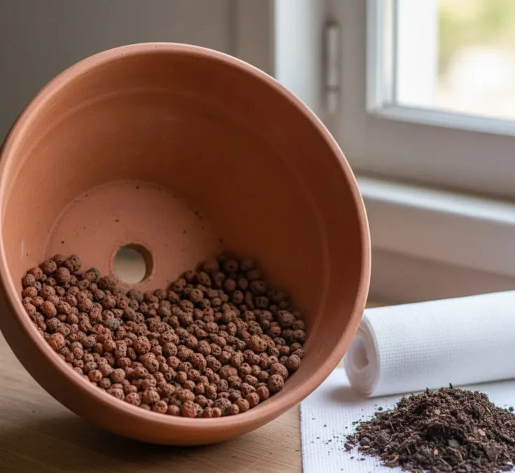 Uma camada de argila expandida no fundo de um vaso de terracota vazio, pronta para receber uma manta de bidim e o substrato. O vaso possui um furo de drenagem visível, destacando a importância da boa drenagem para a Costela-de-adão.