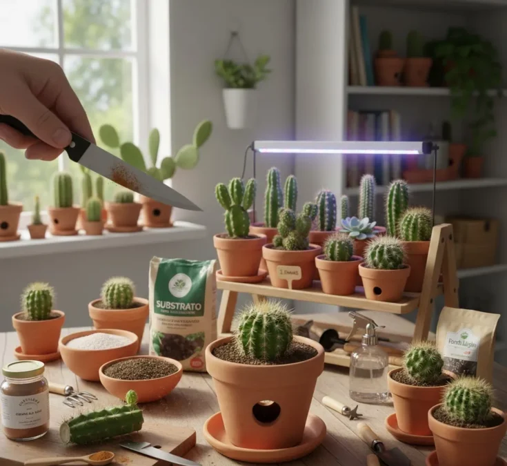 Close-up de uma mão usando uma faca esterilizada para retirar um broto lateral de um cacto, com foco na aplicação de canela em pó na ferida do corte.