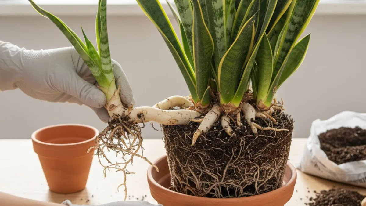 Muda de Espada-de-São-Jorge sendo separada do vaso