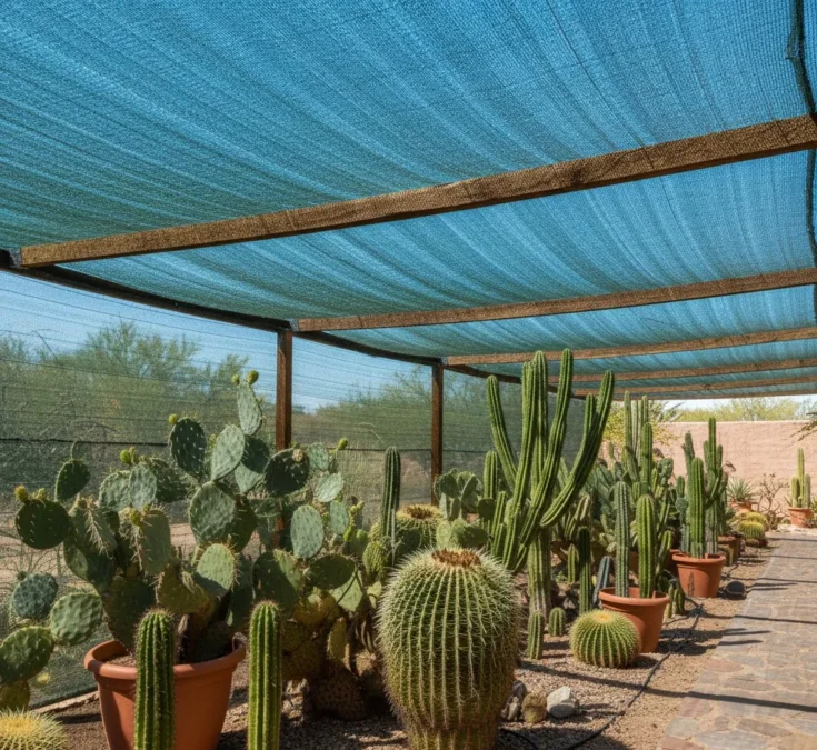 Cactos sob um sombrite em um jardim, mostrando como a tela filtra a luz solar intensa.