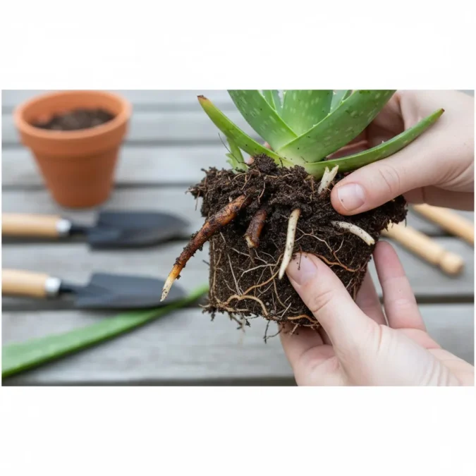 Imagem detalhada das raízes de uma babosa, algumas com aspecto escuro, mole e deteriorado, contrastando com raízes saudáveis, para ilustrar o apodrecimento causado por excesso de água.