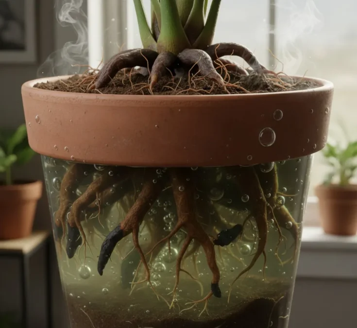 Ilustração de raízes de planta dentro de um vaso, com o solo completamente encharcado de água, mostrando bolhas de ar subindo e as raízes com sinais de podridão.