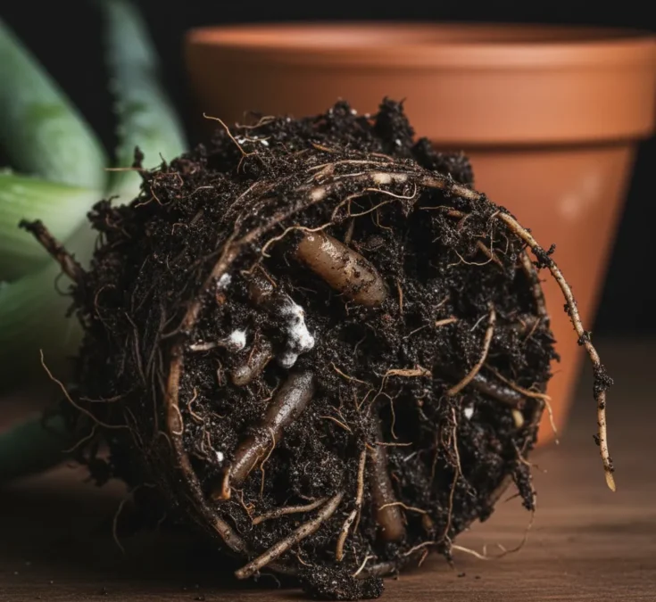 Close-up de raízes de babosa escuras e moles, com sinais claros de apodrecimento. As raízes estão expostas e visivelmente encharcadas, com partes amolecidas e descoloridas, indicando danos por excesso de água. Há um pouco de solo úmido e compactado ao redor das raízes, contrastando com o ideal. A iluminação destaca as áreas danificadas das raízes.