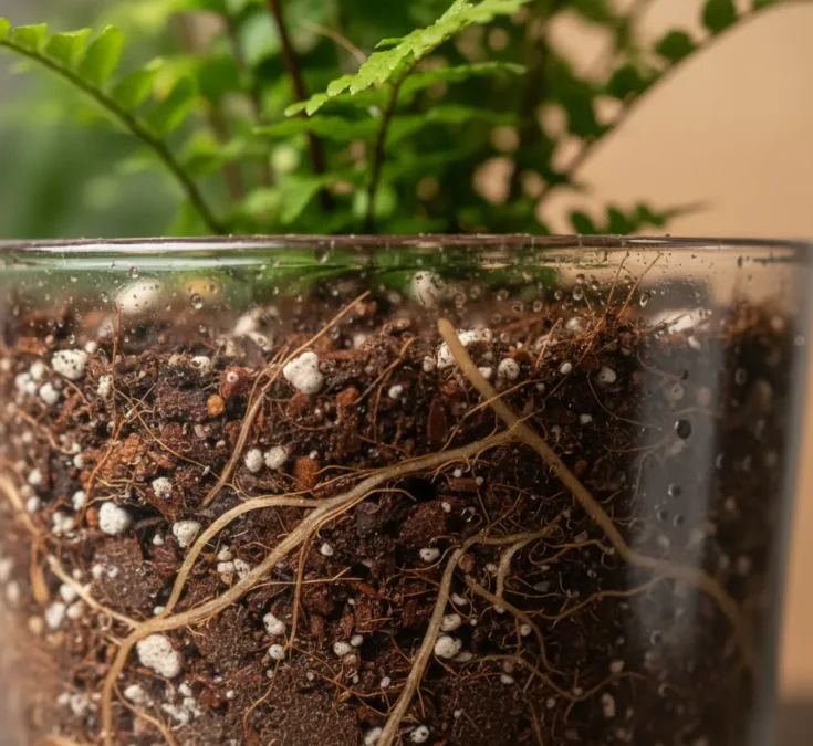 Close-up das raízes de uma samambaia em um substrato bem aerado, mostrando a umidade ideal para o crescimento sem encharcamento.