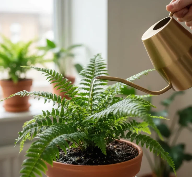Mão de uma pessoa regando cuidadosamente uma samambaia em vaso, com a terra escura e levemente úmida, indicando hidratação correta.