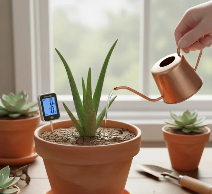 Pessoa regando cuidadosamente uma muda de babosa recém-plantada em um vaso, mostrando o solo seco antes da rega.