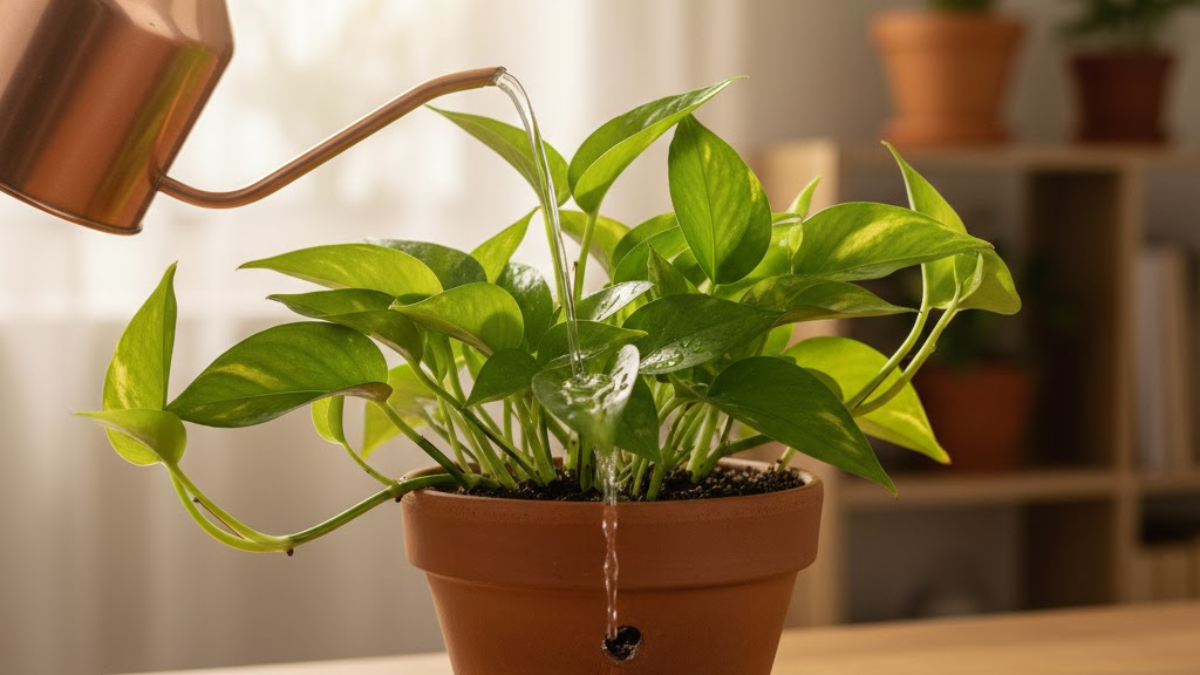 Como Regar a Jiboia: Pessoa regando planta giboia até a água sair pelos furos do vaso