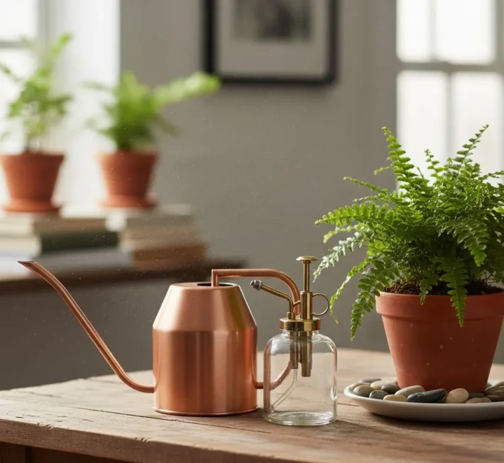 Regador de bico fino e borrifador manual ao lado de uma samambaia, ilustrando a forma correta de regar.