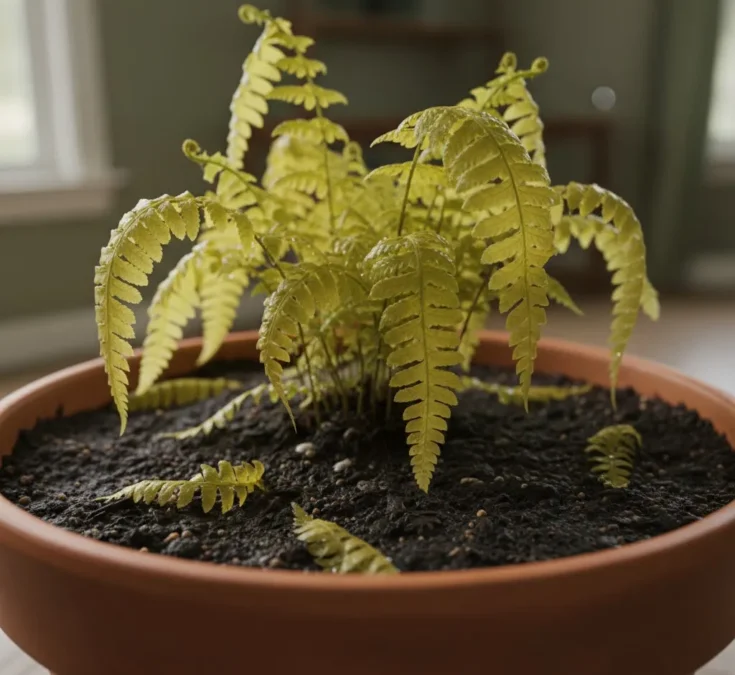 Folhas de samambaia amareladas e com aparência mole, indicando excesso de rega e possíveis problemas radiculares.