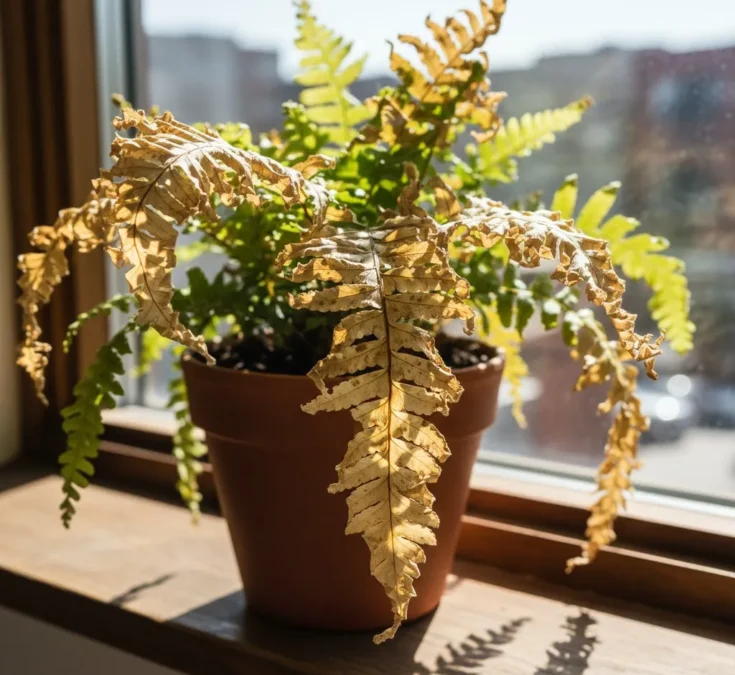 Frondes de samambaia com pontas marrons e ressecadas, em uma janela com luz solar direta, evidenciando queimaduras por exposição excessiva.