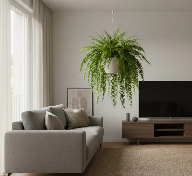 Sala de estar iluminada com sofá cinza e uma samambaia verde exuberante pendurada ao lado, criando um contraste natural.