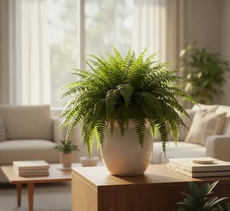 Samambaia verde e densa em um vaso elegante dentro de uma sala de estar moderna, complementando a decoração com sua folhagem exuberante.