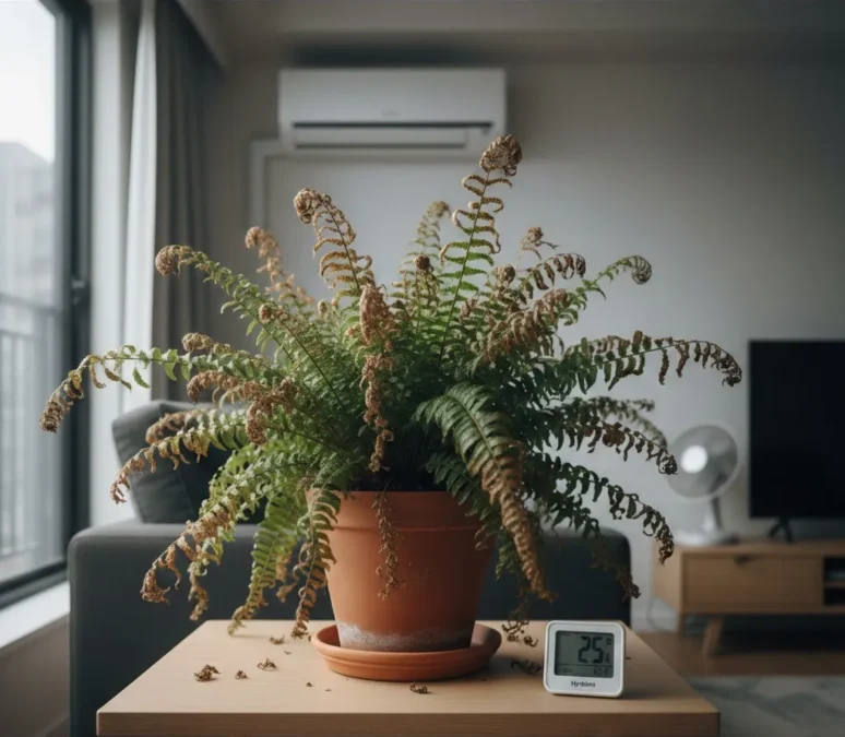 Samambaia com folhas secas e marrons em um ambiente interno com baixa umidade, sugerindo desidratação da planta.