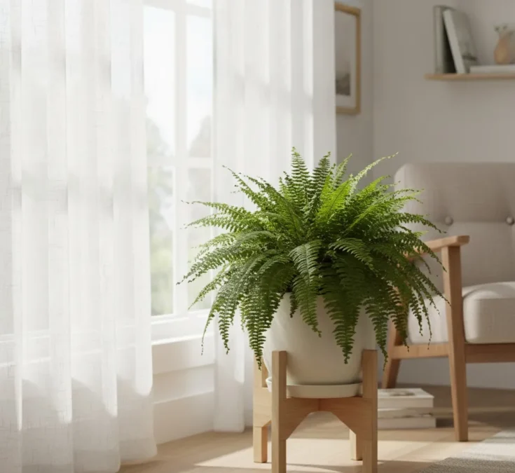 Uma samambaia exuberante e verde, posicionada próxima a uma janela com cortina translúcida, recebendo luz indireta e abundante.