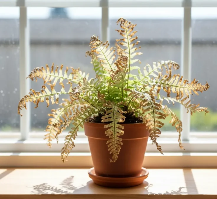 Samambaia com folhas queimadas e descoloridas devido à exposição direta e intensa ao sol, localizada perto de uma janela sem proteção.