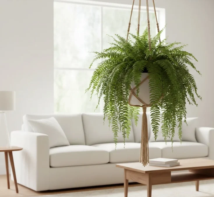 Vaso de samambaia Nephrolepis exaltata pendurado no teto de uma sala de estar moderna com paredes claras, adicionando um toque de frescor e natureza.