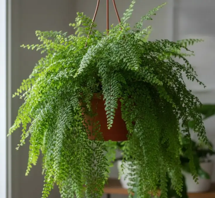 Uma samambaia densa e verde, com folhas exuberantes pendendo de um vaso suspenso, destacando seu crescimento foliar saudável.