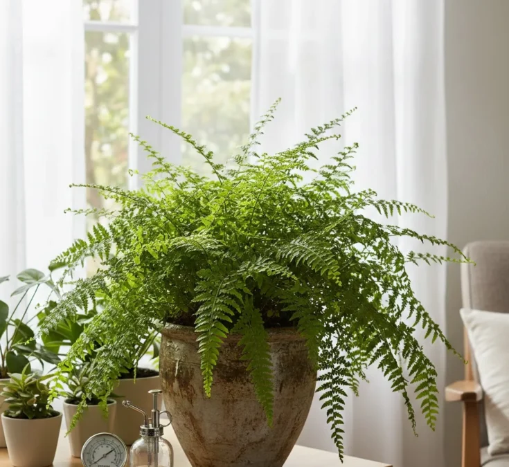 Samambaia verde e exuberante em vaso decorativo, em um ambiente interno bem iluminado com luz natural filtrada.