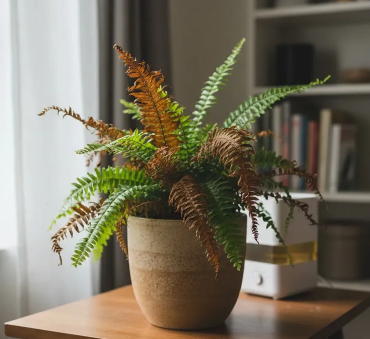 Samambaia com folhas marrons e secas em vaso de cerâmica, evidenciando estresse por falta de umidade ou rega inadequada.