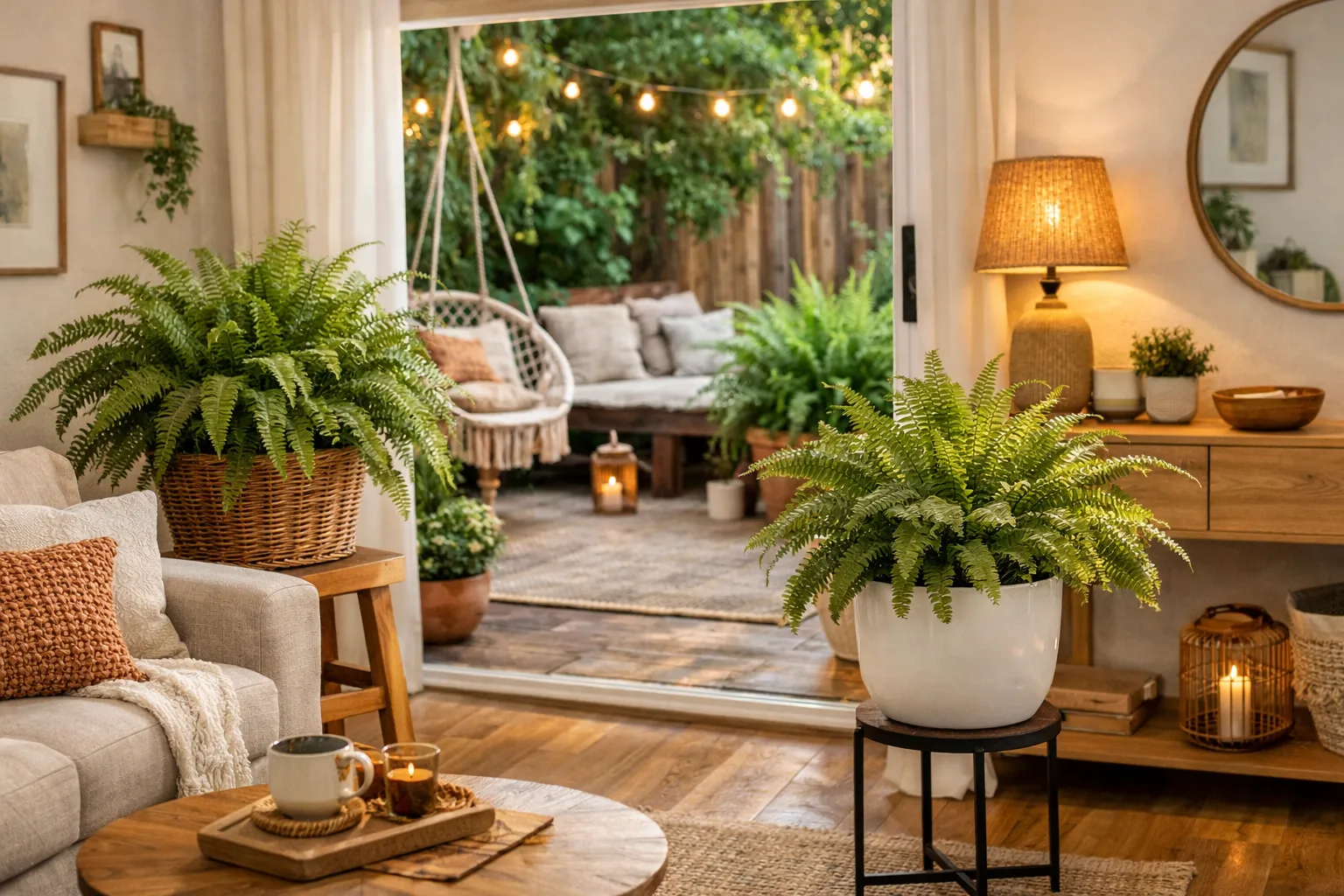 Samambaia em vaso decorativo na sala de estar iluminada naturalmente