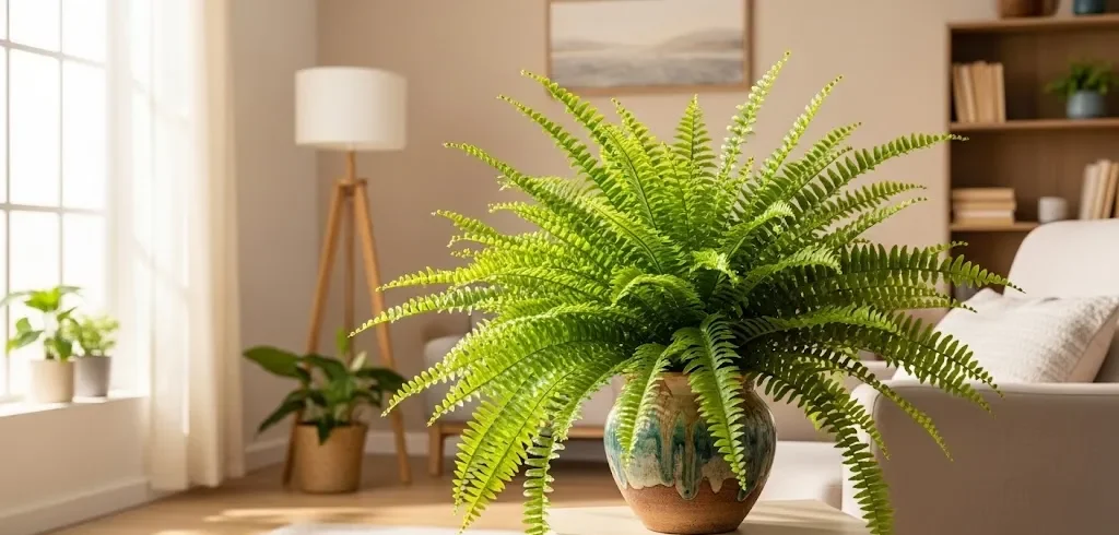 Uma samambaia exuberante e verde em um vaso decorativo, posicionada em um ambiente interno claro e acolhedor, com luz natural indireta, transmitindo uma sensação de calma e frescor.