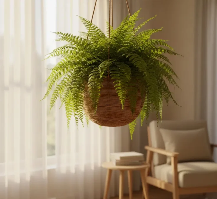 Samambaia verde exuberante posicionada próxima a uma janela com cortinas translúcidas, recebendo luz solar filtrada.