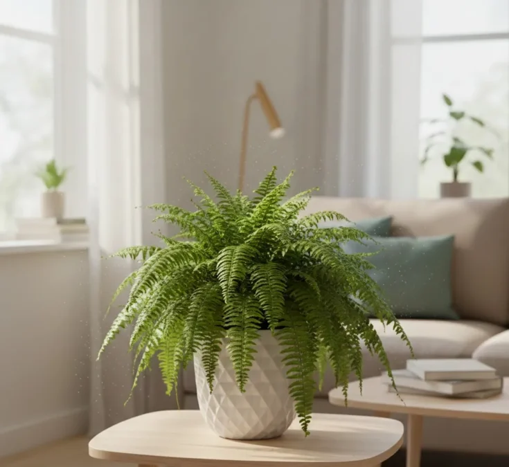 Samambaia exuberante em um vaso elegante, posicionada em uma sala de estar moderna, com luz natural suave.