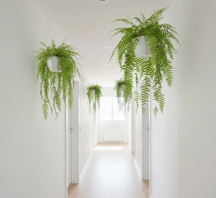 Corredor de casa com paredes brancas e uma samambaia pendente, transformando o espaço de passagem em um jardim vertical.