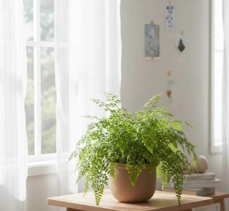 Samambaia exuberante em vaso, posicionada próxima a uma janela com cortina translúcida, recebendo luz indireta abundante.