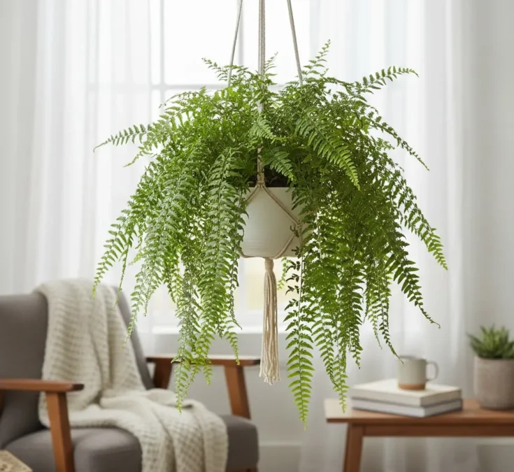 Samambaia cheia e verde, com longas folhas arqueadas, em um vaso suspenso decorando um ambiente interno iluminado